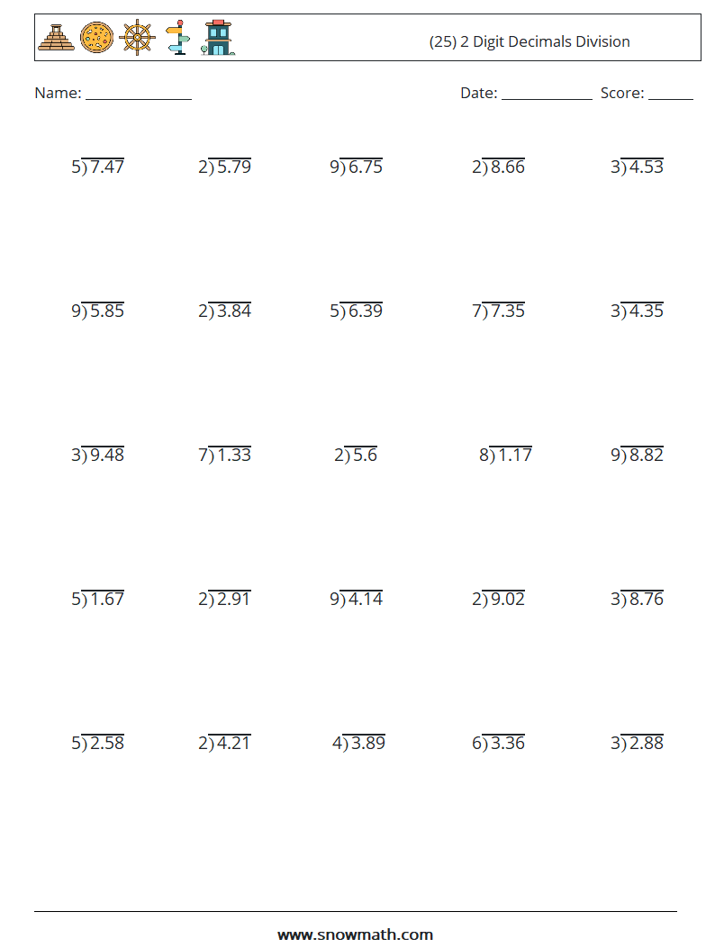 (25) 2 Digit Decimals Division Math Worksheets 3