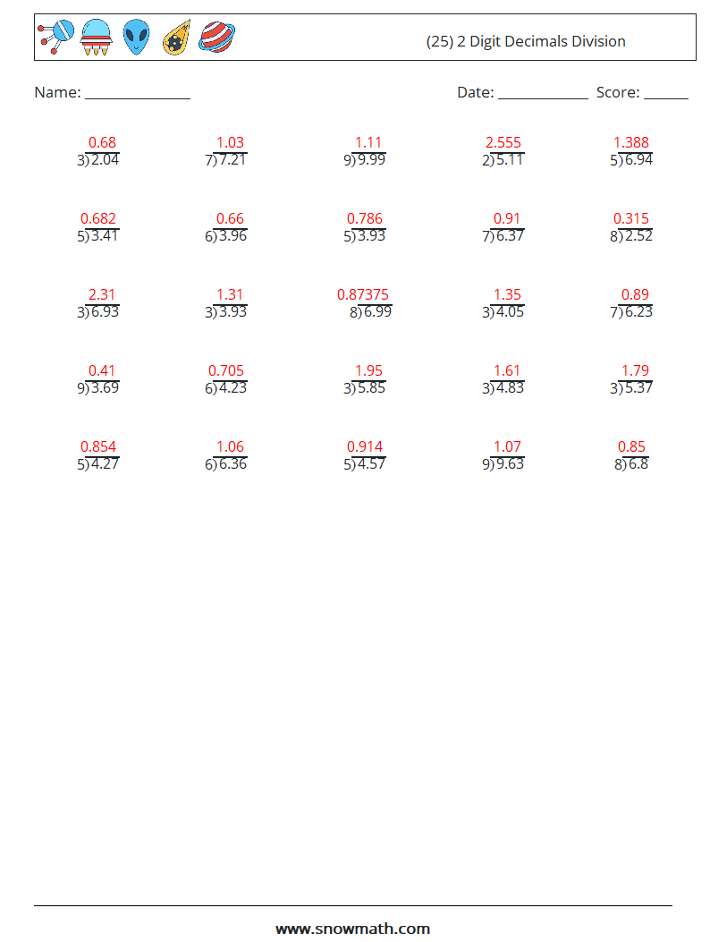 (25) 2 Digit Decimals Division Math Worksheets 4 Question, Answer