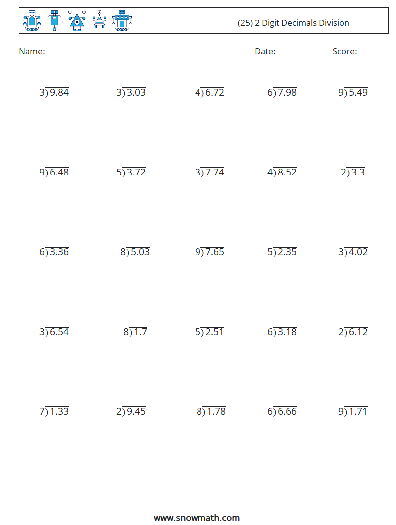 (25) 2 Digit Decimals Division Math Worksheets 5