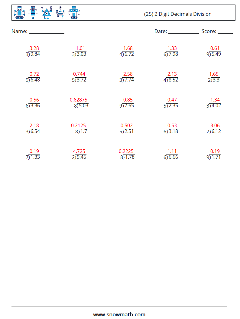 (25) 2 Digit Decimals Division Math Worksheets 5 Question, Answer