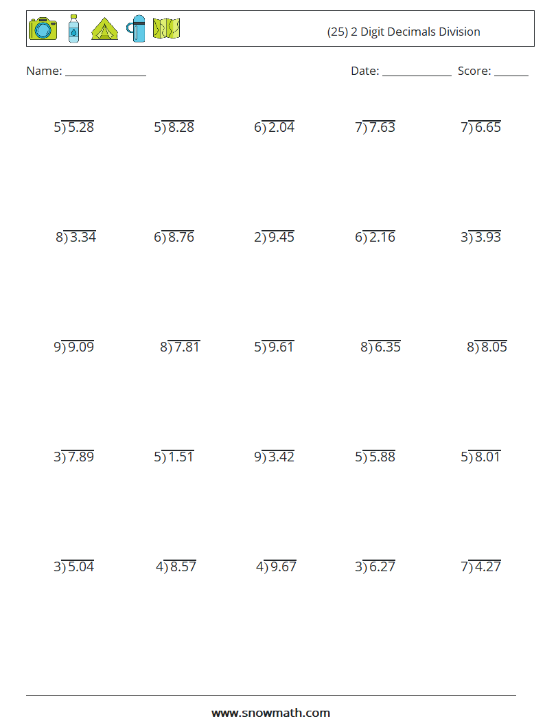 (25) 2 Digit Decimals Division Math Worksheets 6