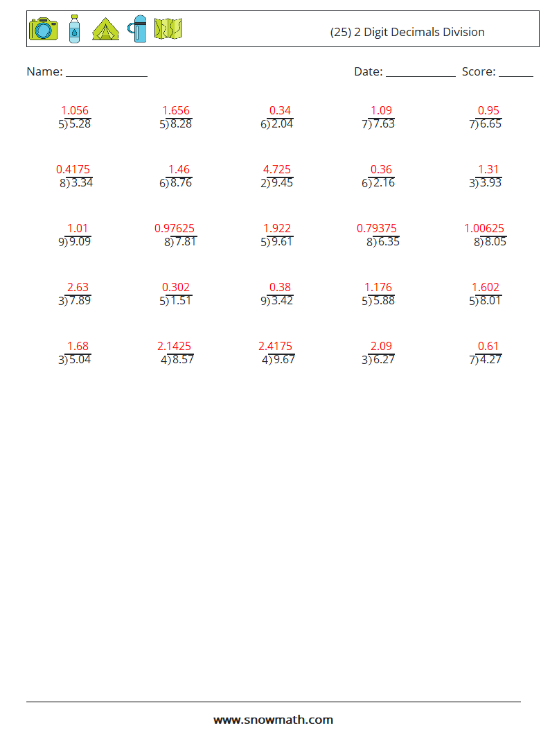 (25) 2 Digit Decimals Division Math Worksheets 6 Question, Answer