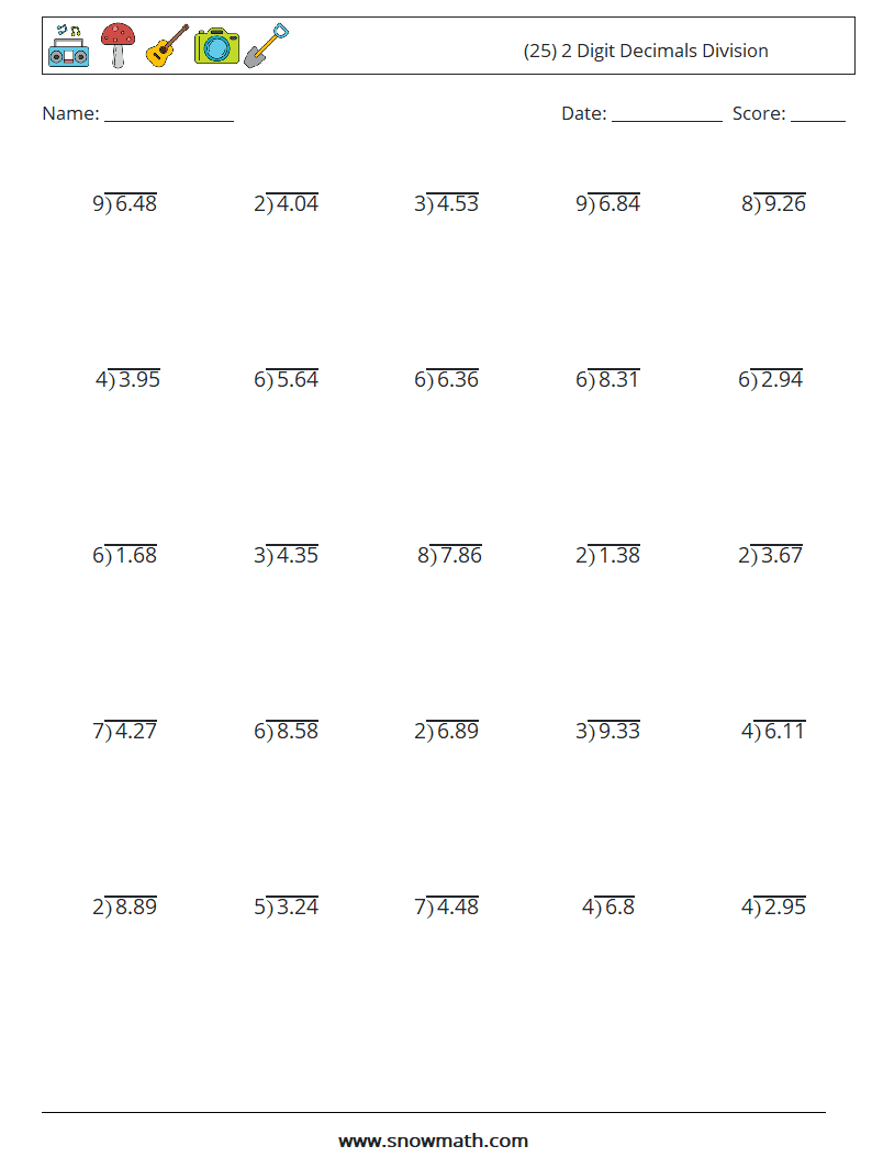 (25) 2 Digit Decimals Division Math Worksheets 7