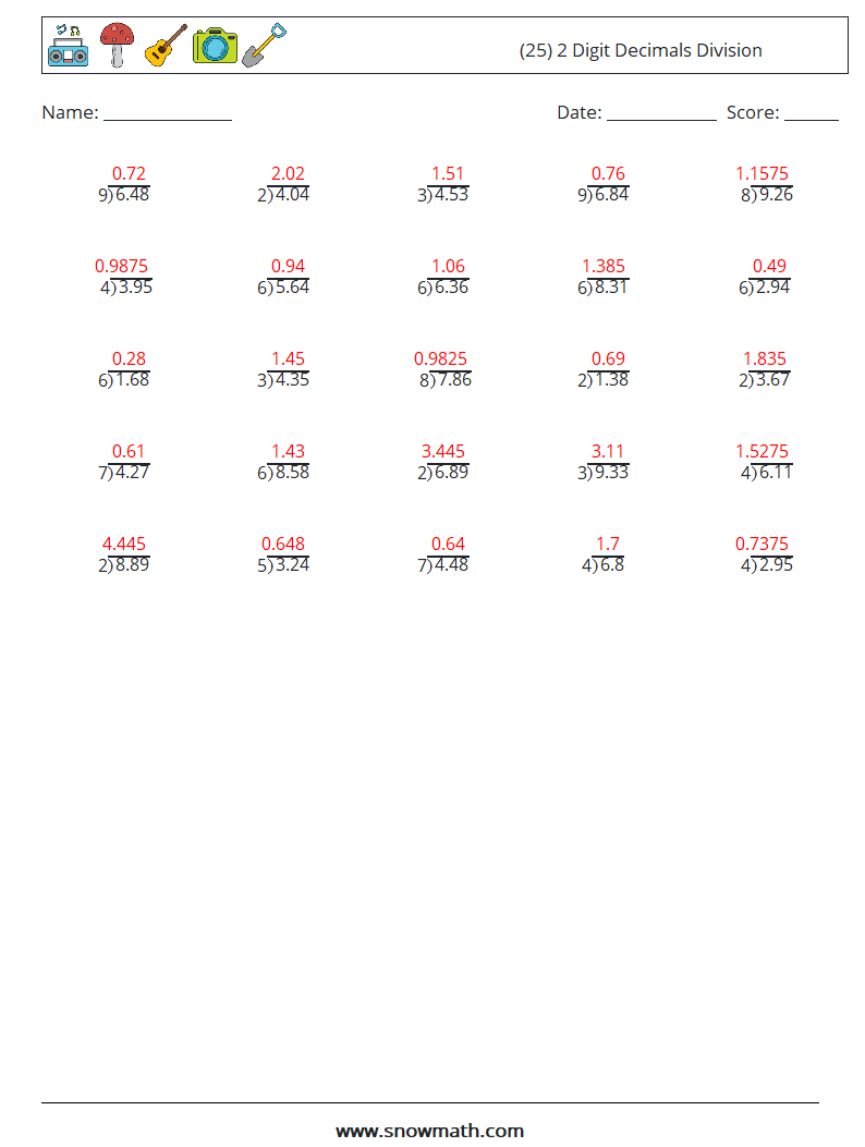 (25) 2 Digit Decimals Division Math Worksheets 7 Question, Answer