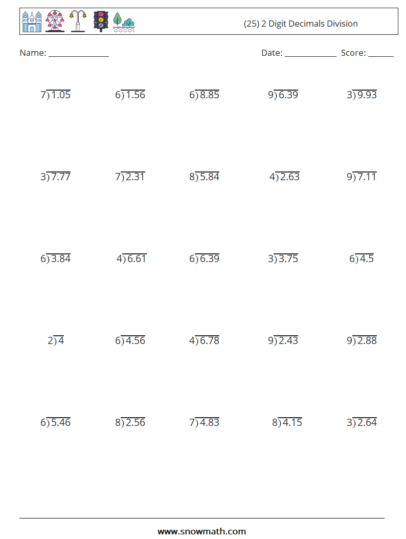 (25) 2 Digit Decimals Division Math Worksheets 8