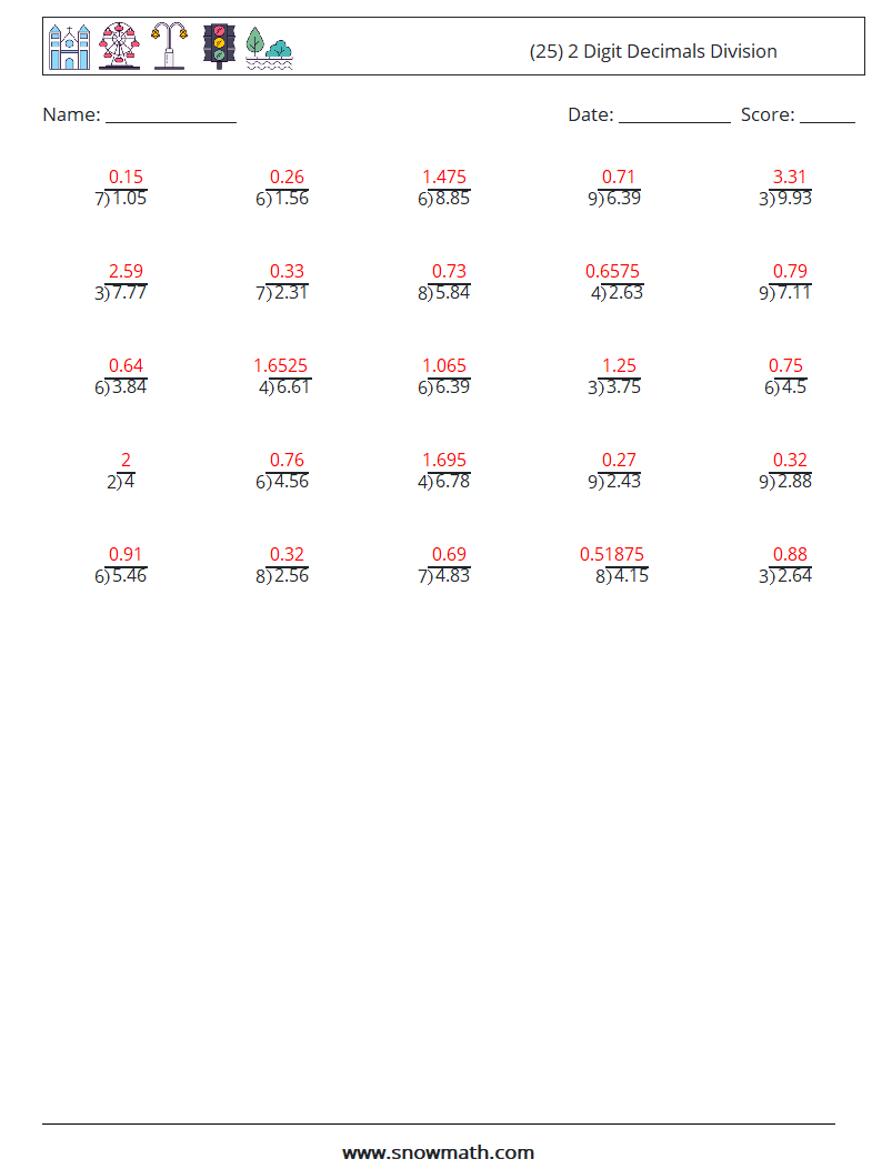 (25) 2 Digit Decimals Division Math Worksheets 8 Question, Answer