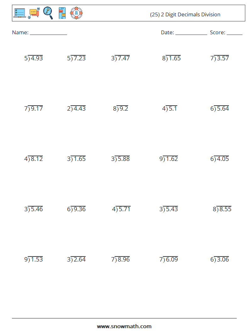 (25) 2 Digit Decimals Division Math Worksheets 9