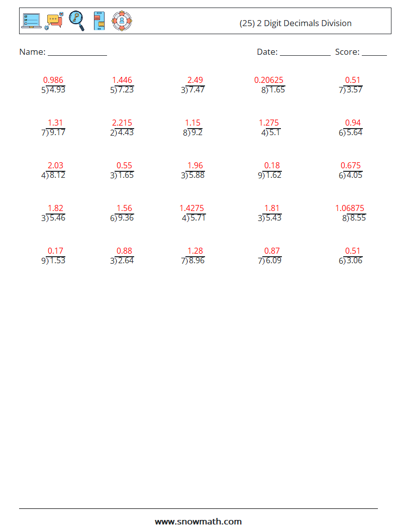 (25) 2 Digit Decimals Division Math Worksheets 9 Question, Answer