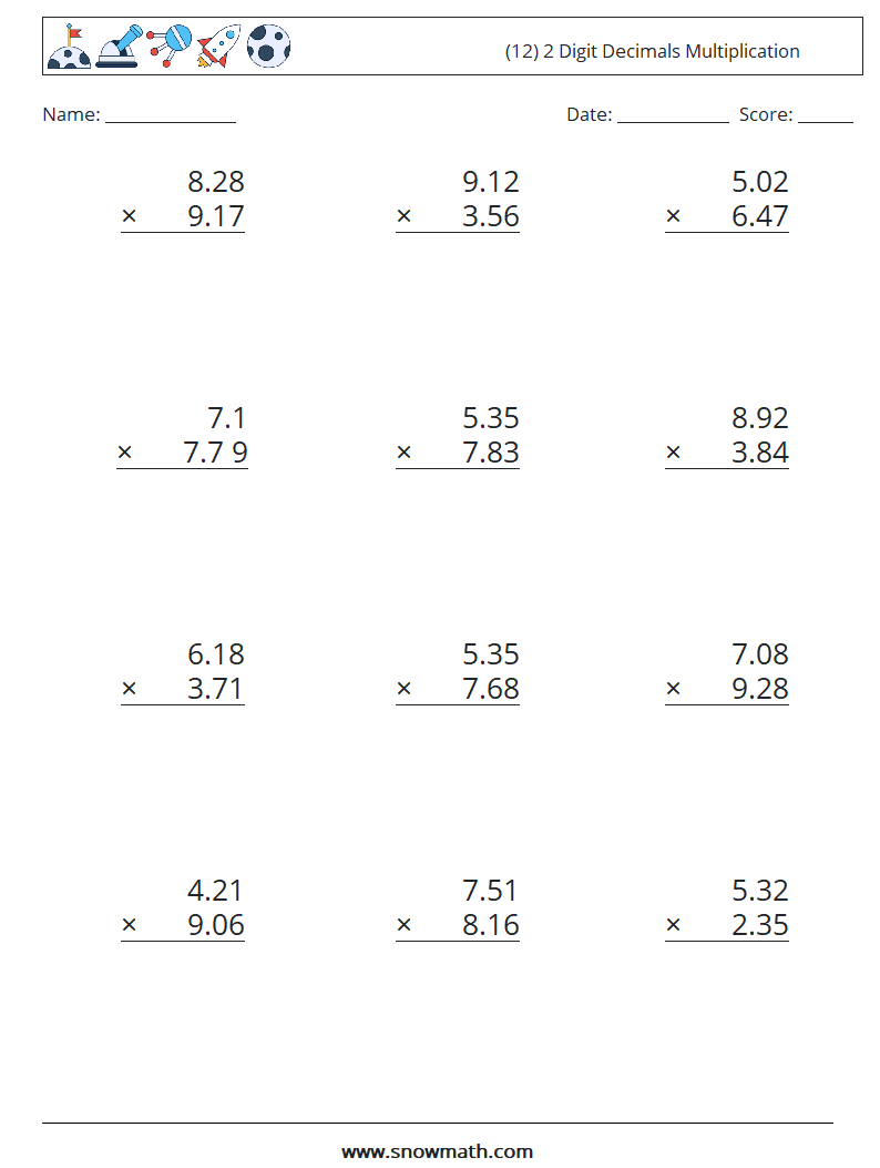 (12) 2 Digit Decimals Multiplication Math Worksheets 1