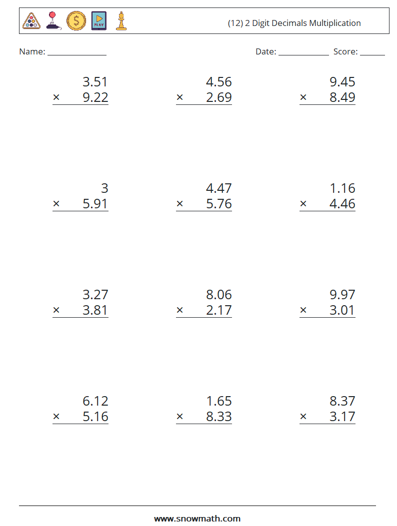 (12) 2 Digit Decimals Multiplication Math Worksheets 10