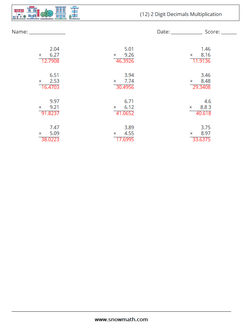 (12) 2 Digit Decimals Multiplication Math Worksheets 11 Question, Answer