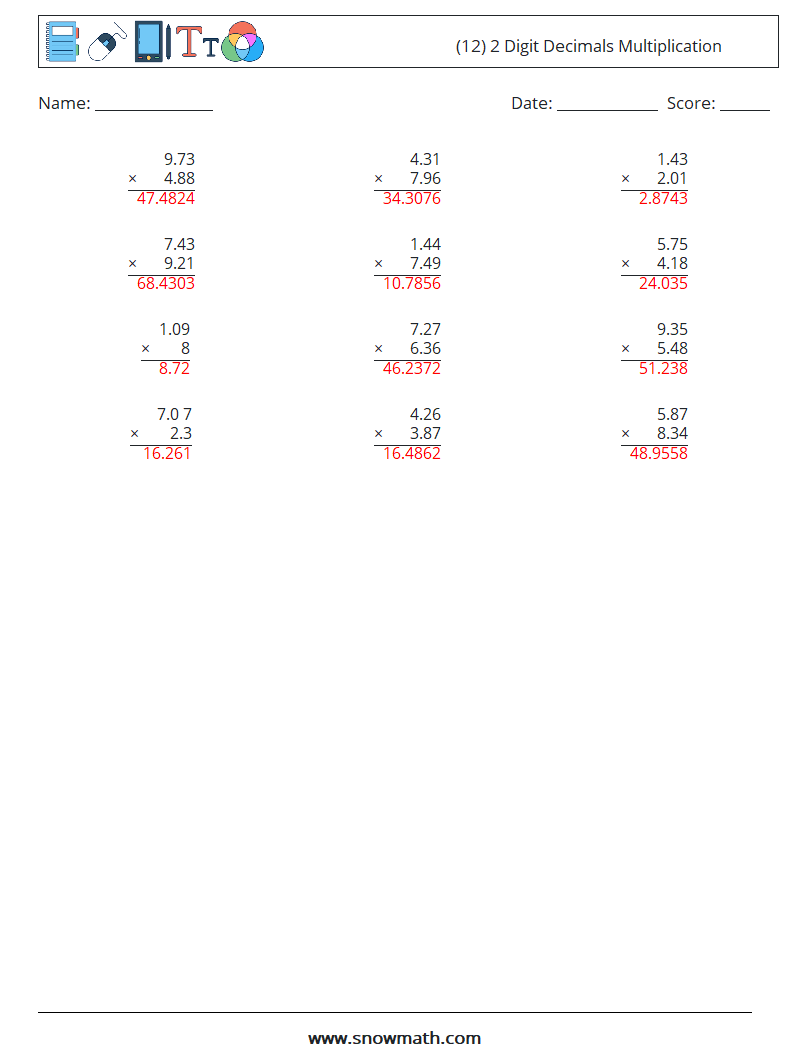 (12) 2 Digit Decimals Multiplication Math Worksheets 14 Question, Answer