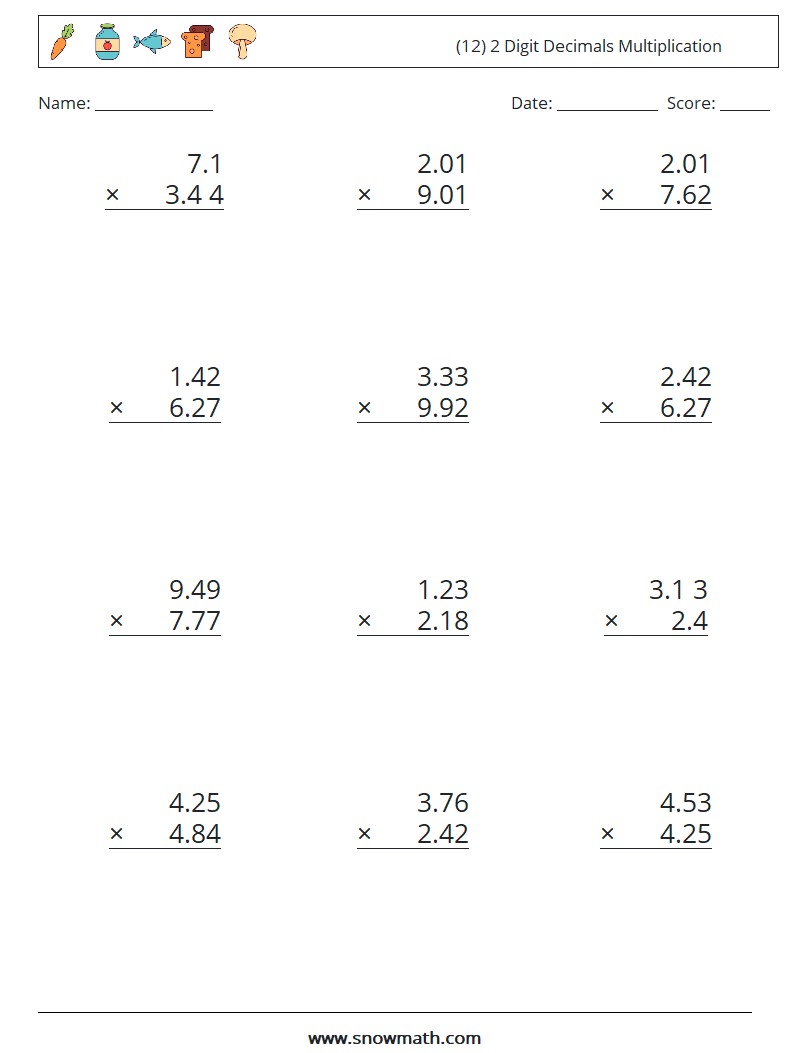 (12) 2 Digit Decimals Multiplication Math Worksheets 15