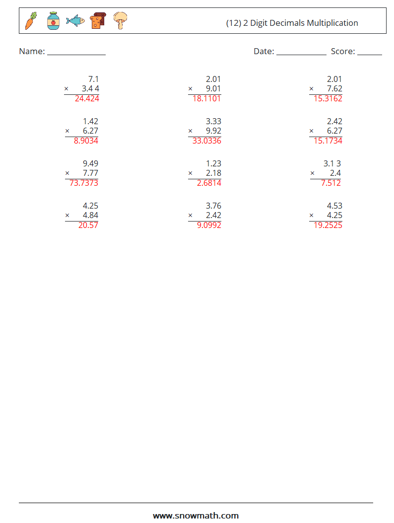 (12) 2 Digit Decimals Multiplication Math Worksheets 15 Question, Answer