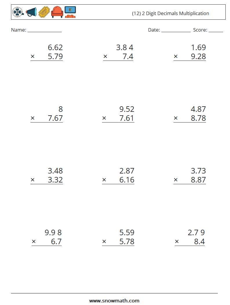 (12) 2 Digit Decimals Multiplication Math Worksheets 16