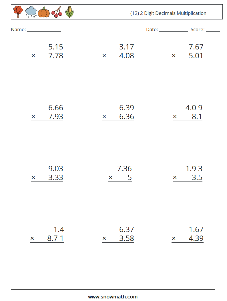 (12) 2 Digit Decimals Multiplication Math Worksheets 17