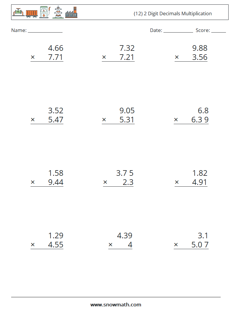 (12) 2 Digit Decimals Multiplication Math Worksheets 18