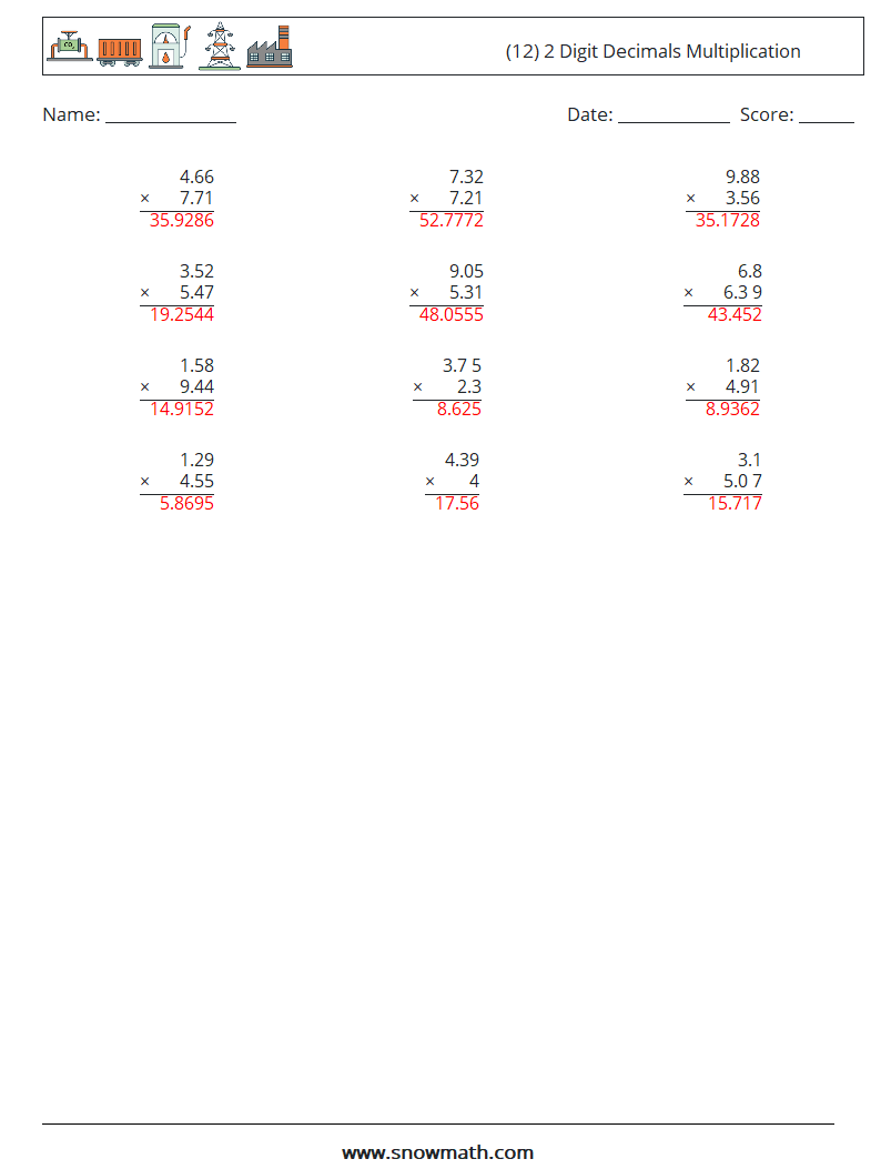(12) 2 Digit Decimals Multiplication Math Worksheets 18 Question, Answer