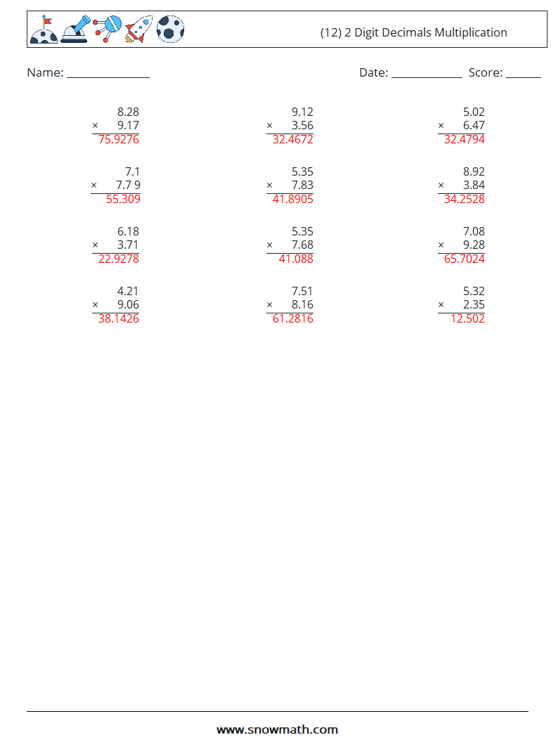 (12) 2 Digit Decimals Multiplication Math Worksheets 1 Question, Answer
