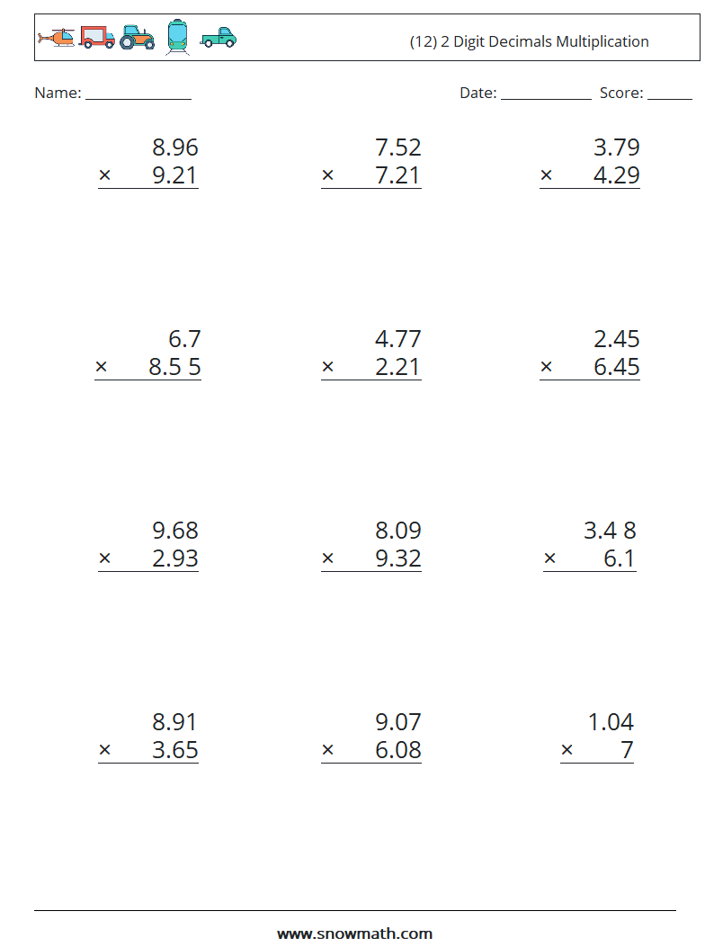 (12) 2 Digit Decimals Multiplication Math Worksheets 2