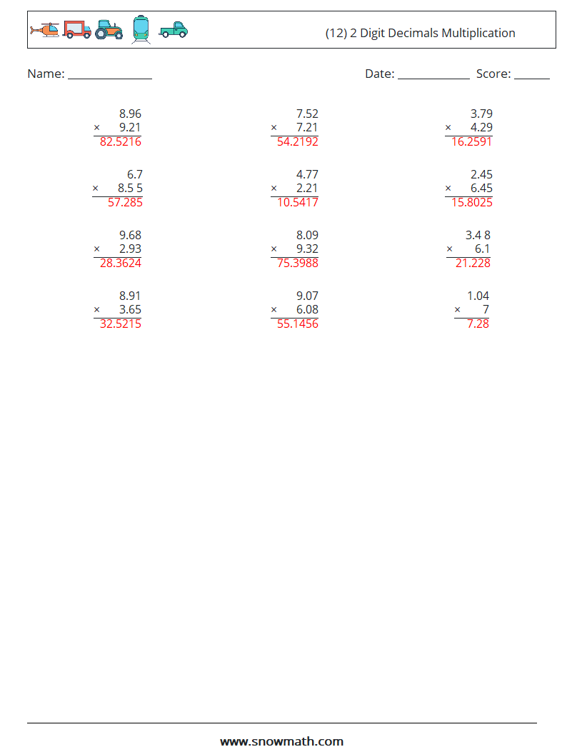 (12) 2 Digit Decimals Multiplication Math Worksheets 2 Question, Answer