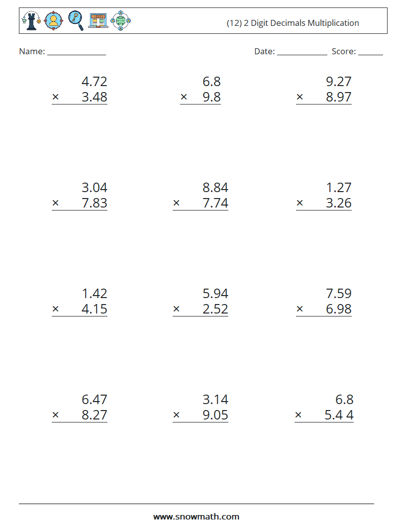 (12) 2 Digit Decimals Multiplication Math Worksheets 3