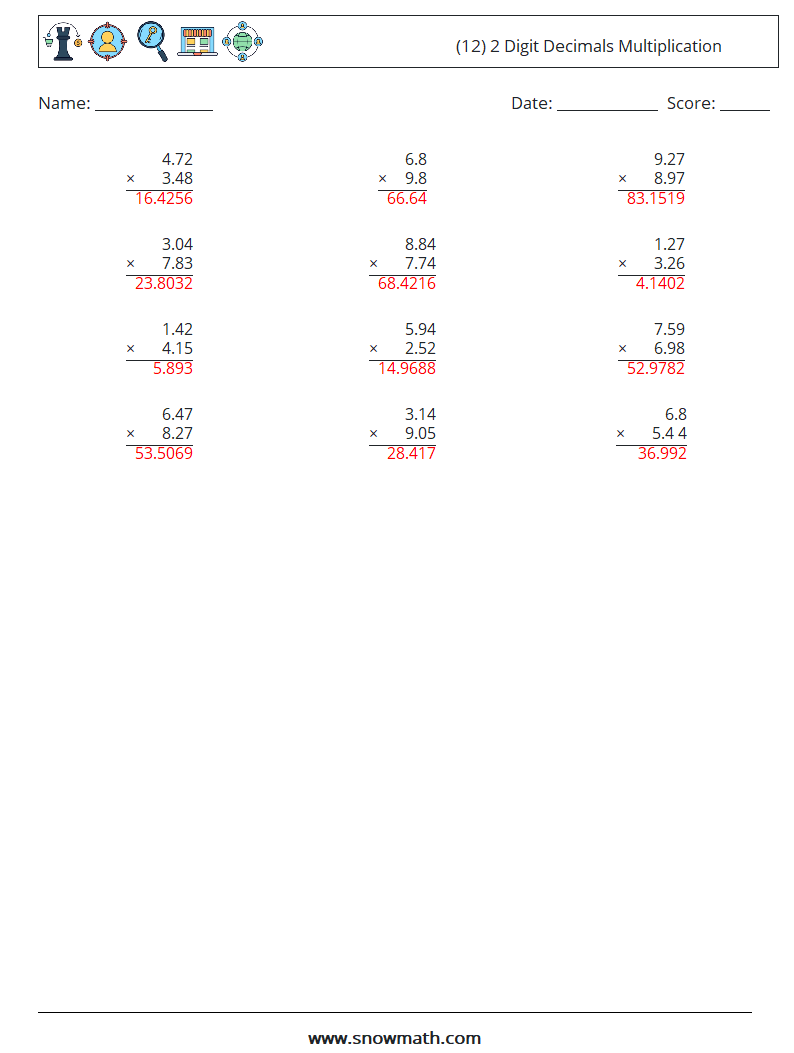 (12) 2 Digit Decimals Multiplication Math Worksheets 3 Question, Answer