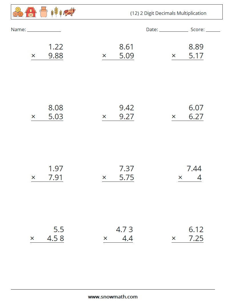 (12) 2 Digit Decimals Multiplication Math Worksheets 4