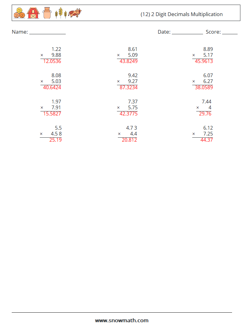 (12) 2 Digit Decimals Multiplication Math Worksheets 4 Question, Answer