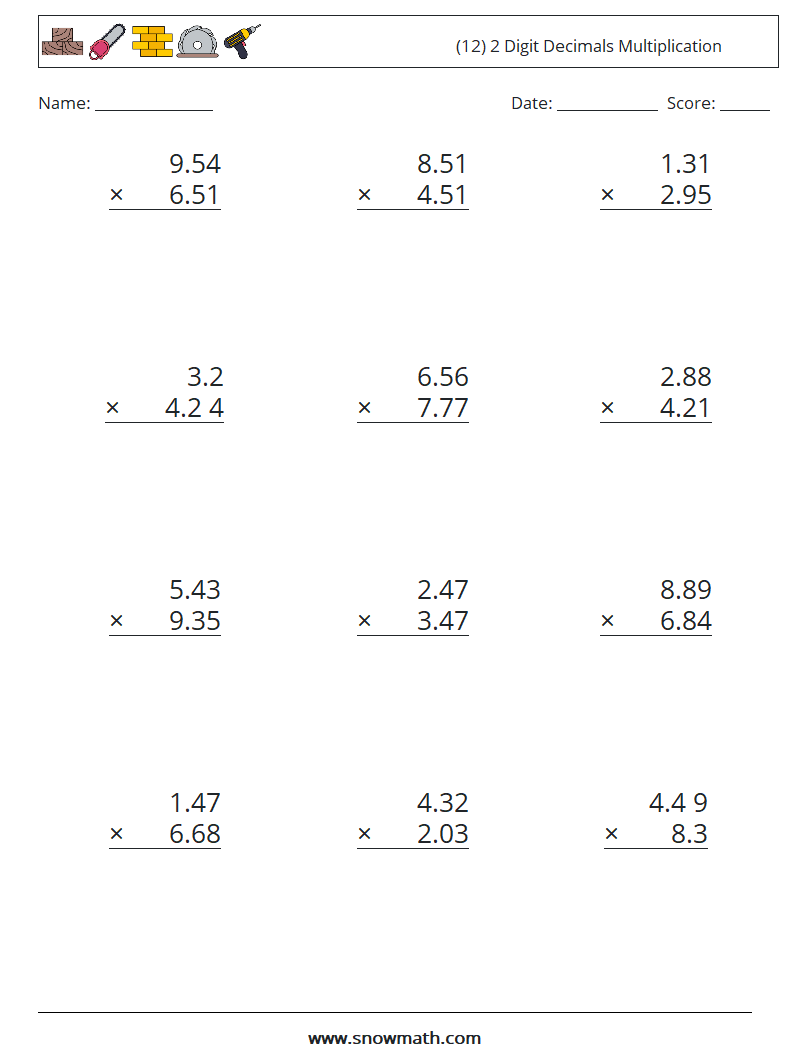 (12) 2 Digit Decimals Multiplication Math Worksheets 5