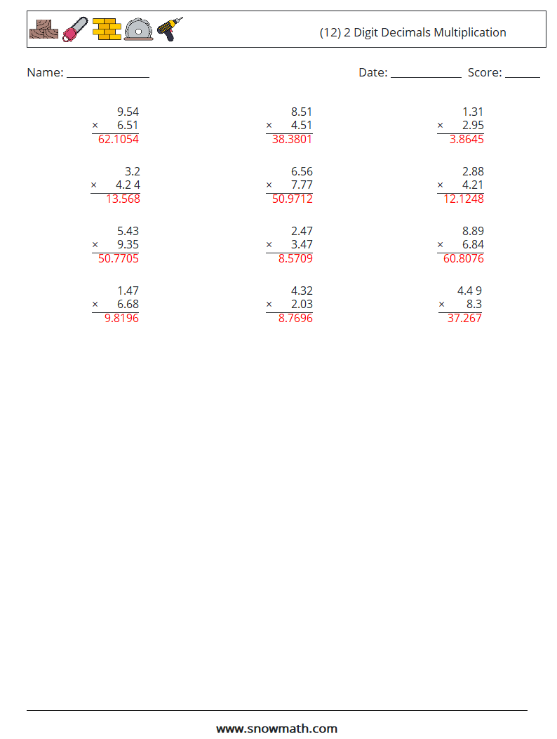 (12) 2 Digit Decimals Multiplication Math Worksheets 5 Question, Answer