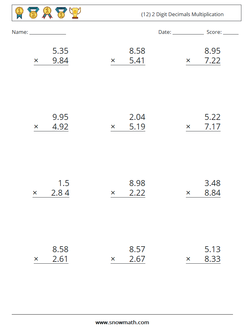 (12) 2 Digit Decimals Multiplication Math Worksheets 6