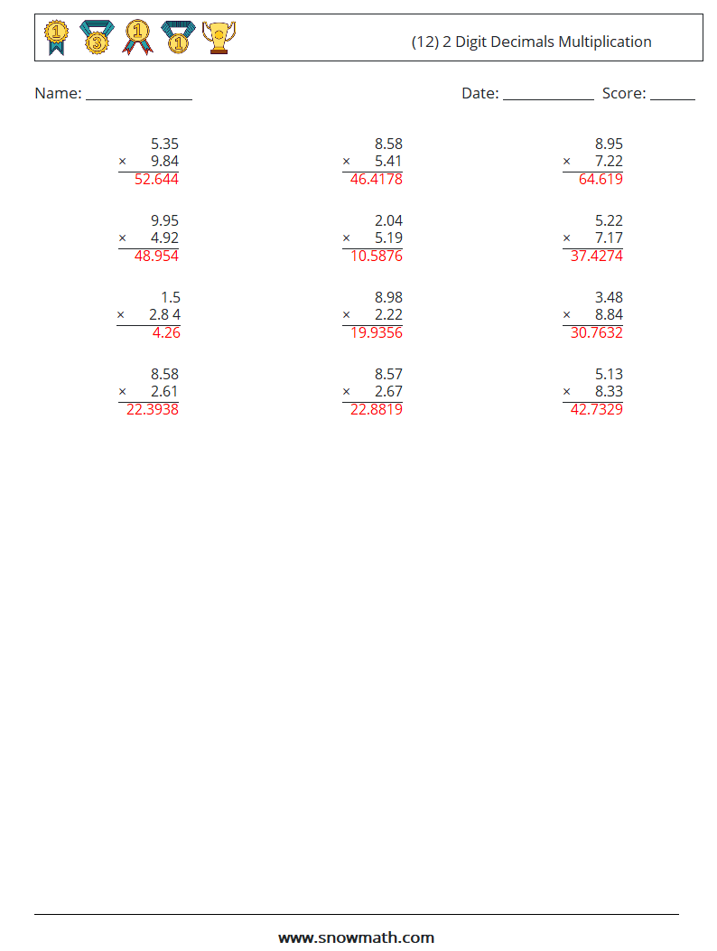 (12) 2 Digit Decimals Multiplication Math Worksheets 6 Question, Answer