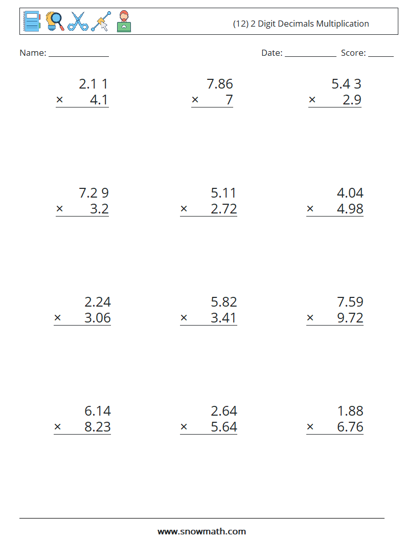 (12) 2 Digit Decimals Multiplication Math Worksheets 7