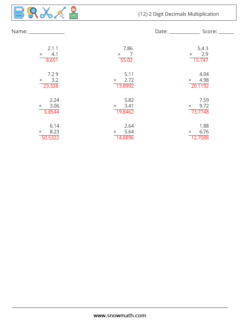 (12) 2 Digit Decimals Multiplication Math Worksheets 7 Question, Answer