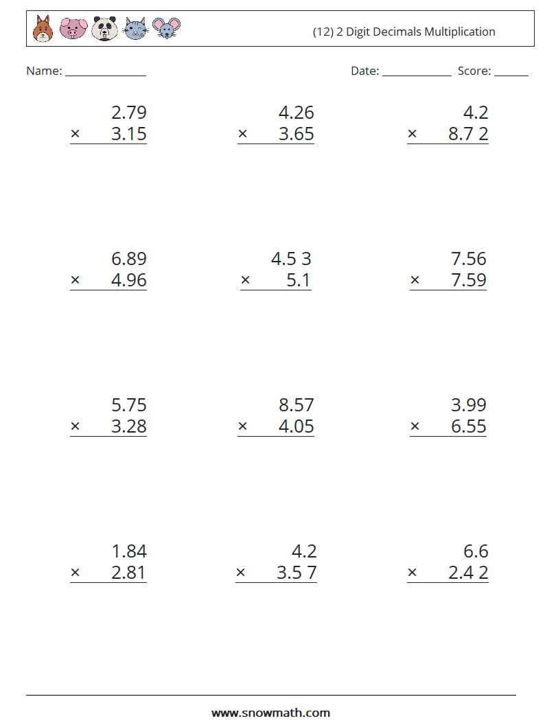 (12) 2 Digit Decimals Multiplication Math Worksheets 8