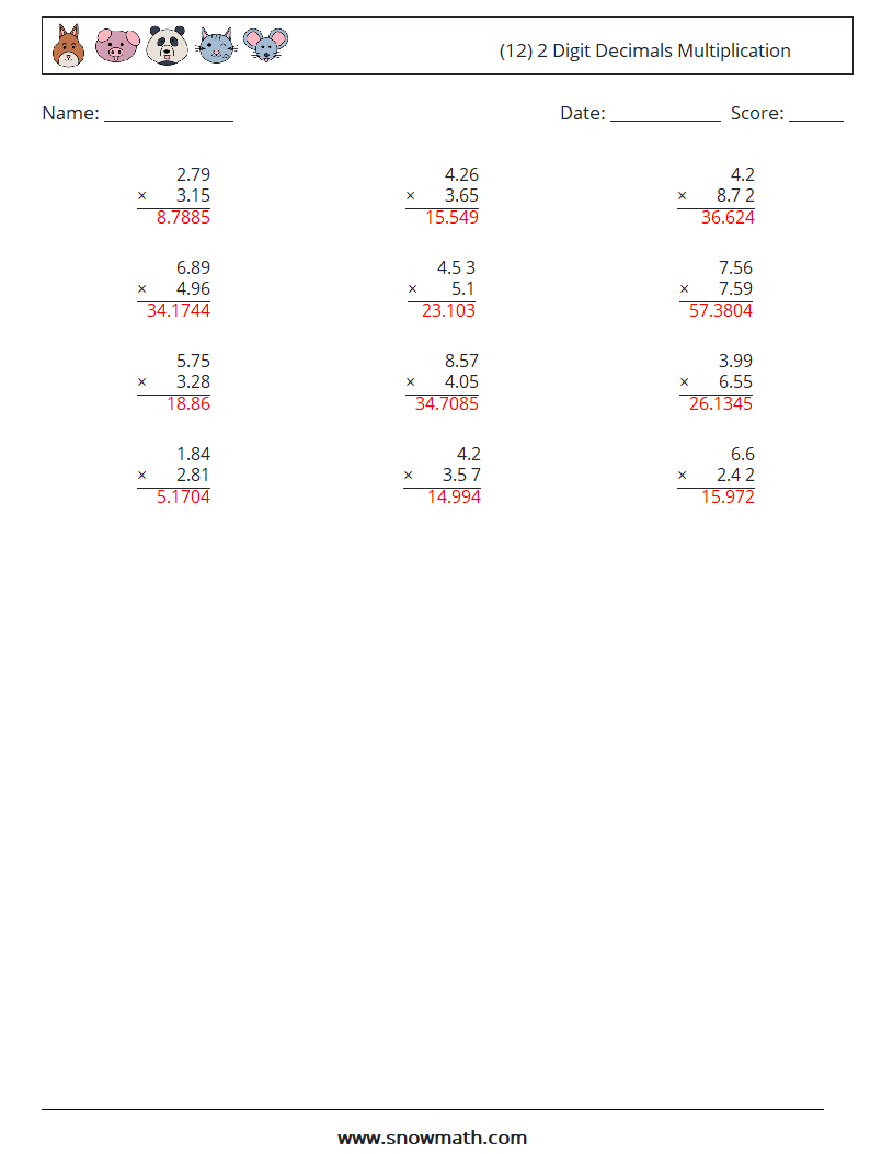 (12) 2 Digit Decimals Multiplication Math Worksheets 8 Question, Answer