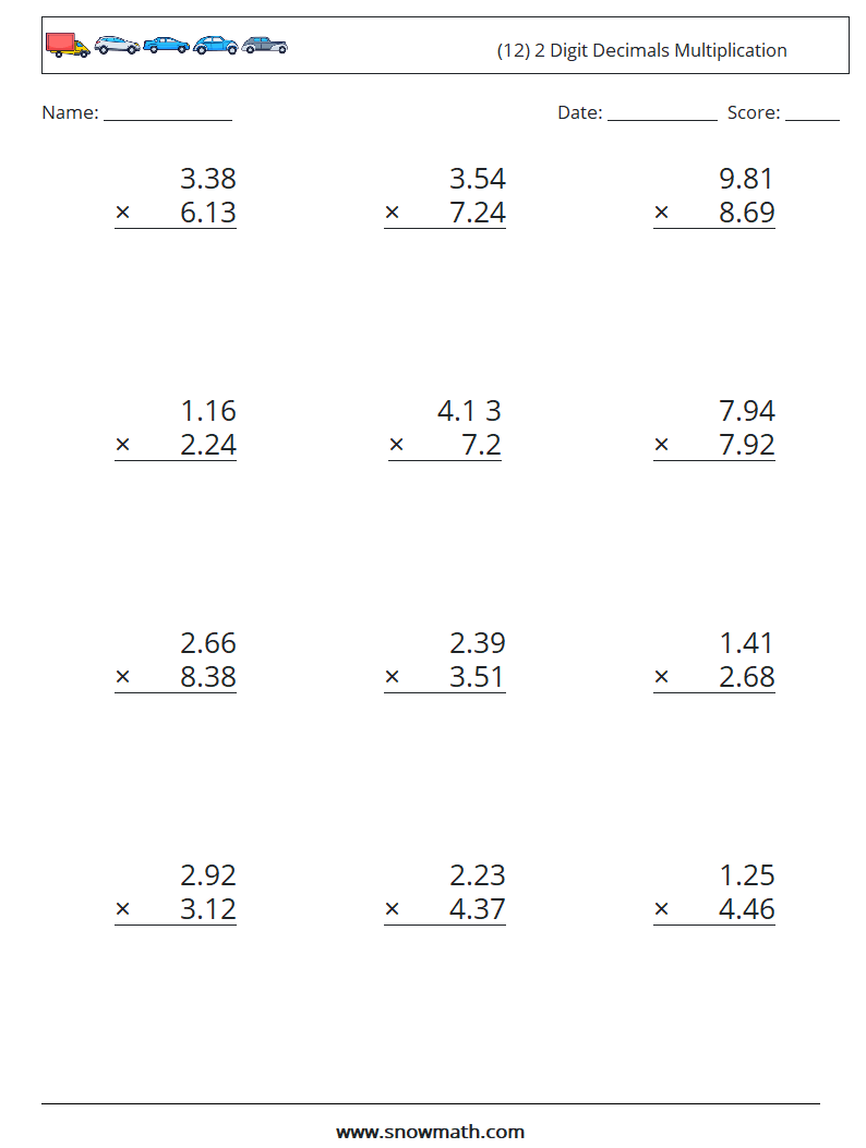 (12) 2 Digit Decimals Multiplication Math Worksheets 9