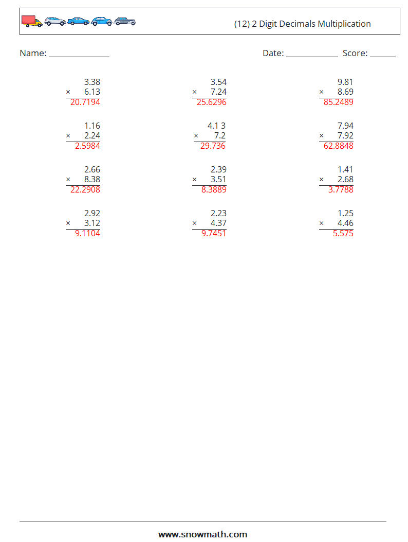 (12) 2 Digit Decimals Multiplication Math Worksheets 9 Question, Answer