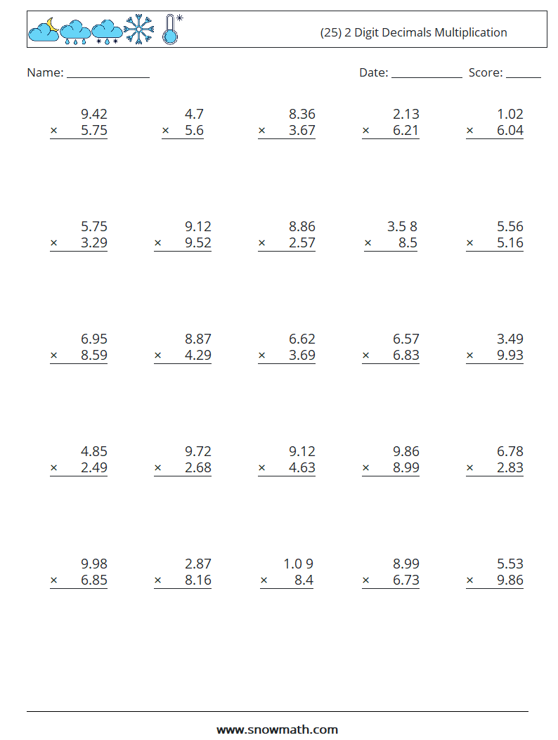 (25) 2 Digit Decimals Multiplication Math Worksheets 1