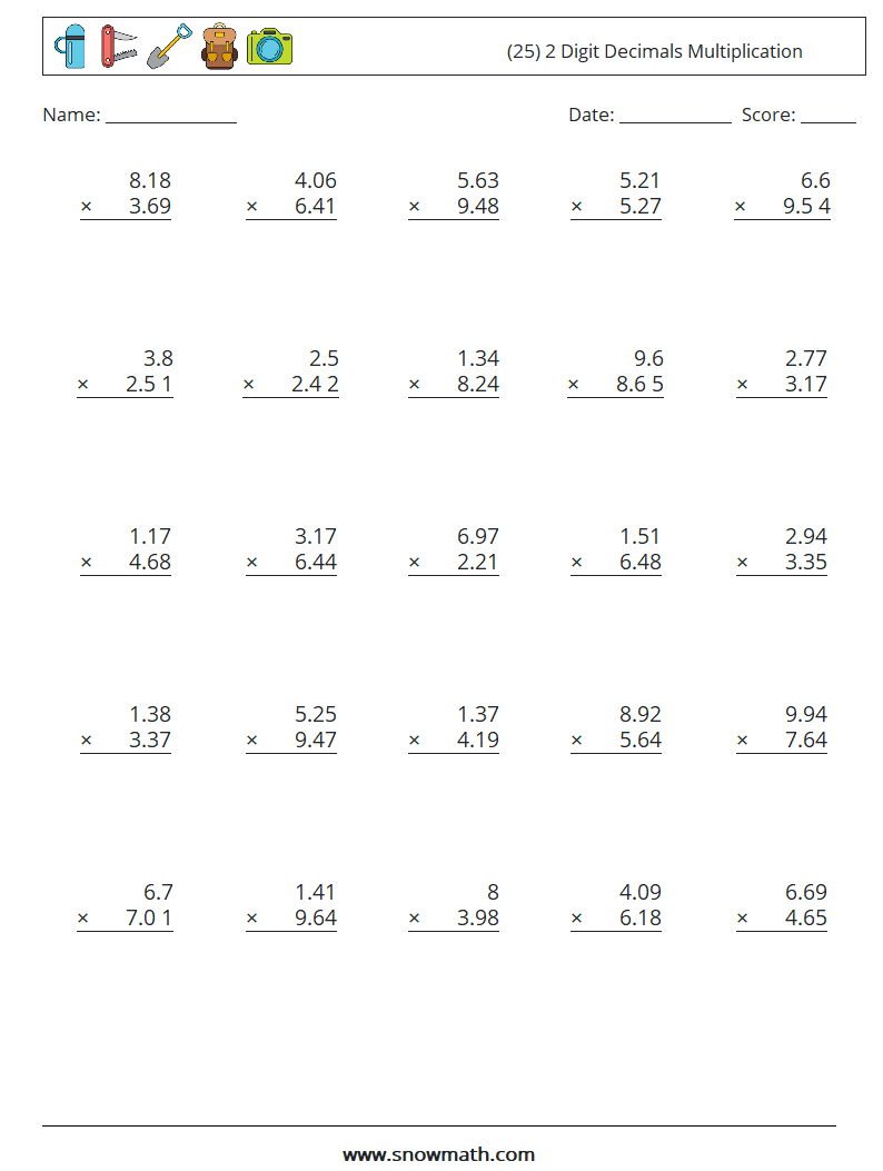 (25) 2 Digit Decimals Multiplication Math Worksheets 10