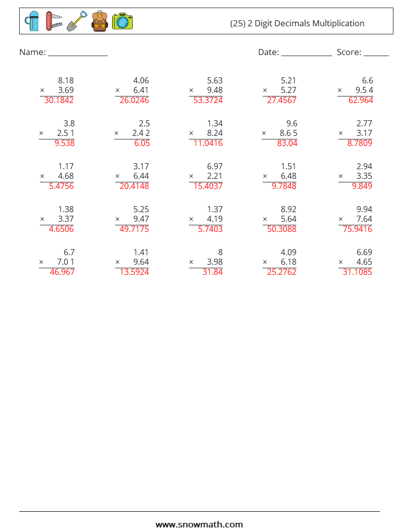 (25) 2 Digit Decimals Multiplication Math Worksheets 10 Question, Answer