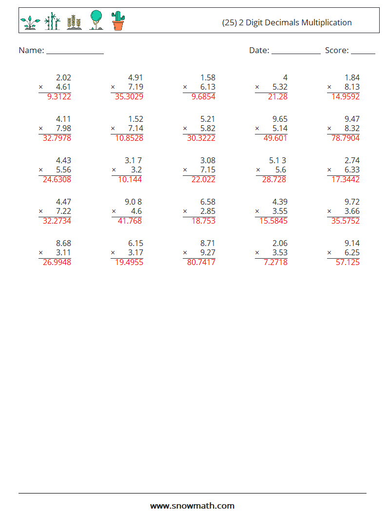 (25) 2 Digit Decimals Multiplication Math Worksheets 11 Question, Answer