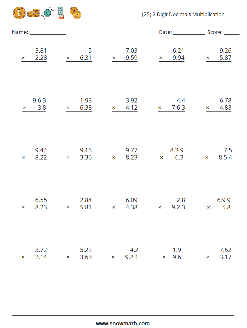 (25) 2 Digit Decimals Multiplication Math Worksheets 12