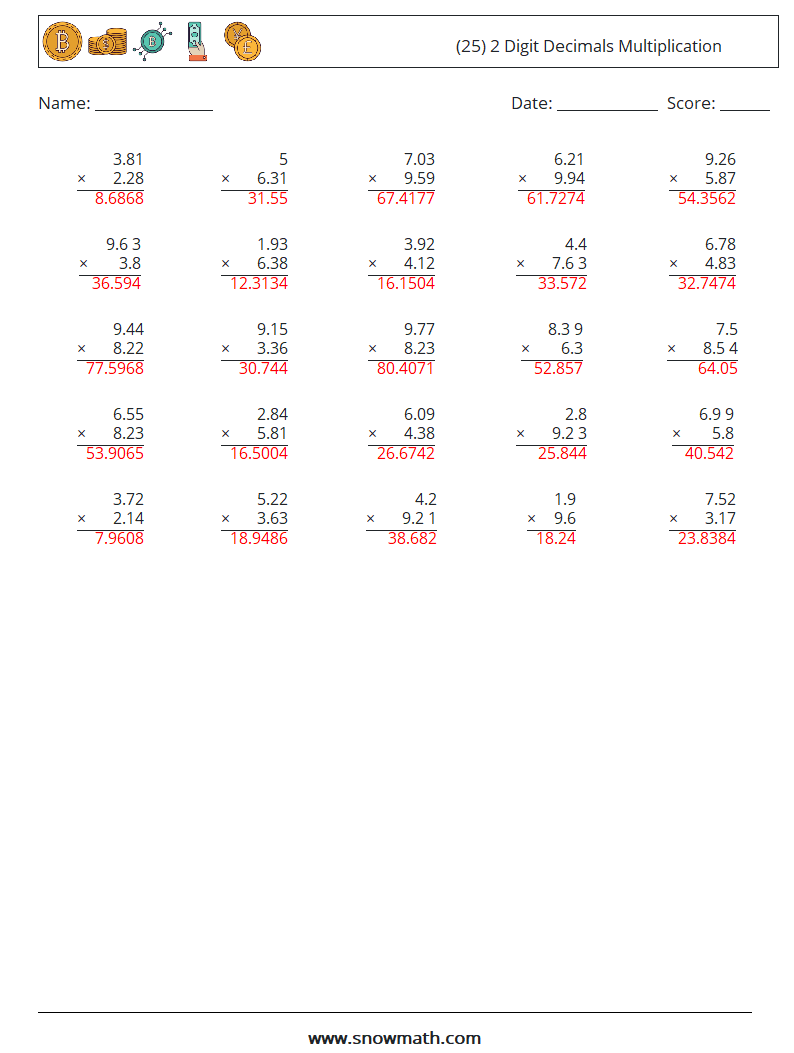 (25) 2 Digit Decimals Multiplication Math Worksheets 12 Question, Answer