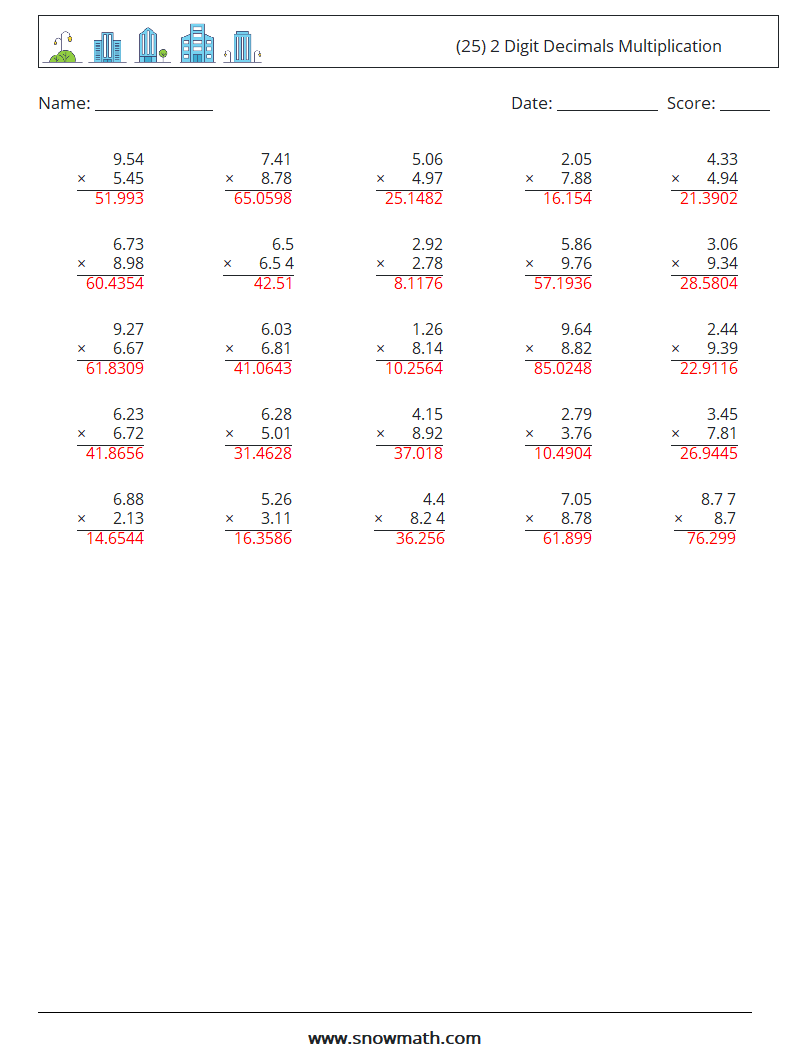 (25) 2 Digit Decimals Multiplication Math Worksheets 13 Question, Answer