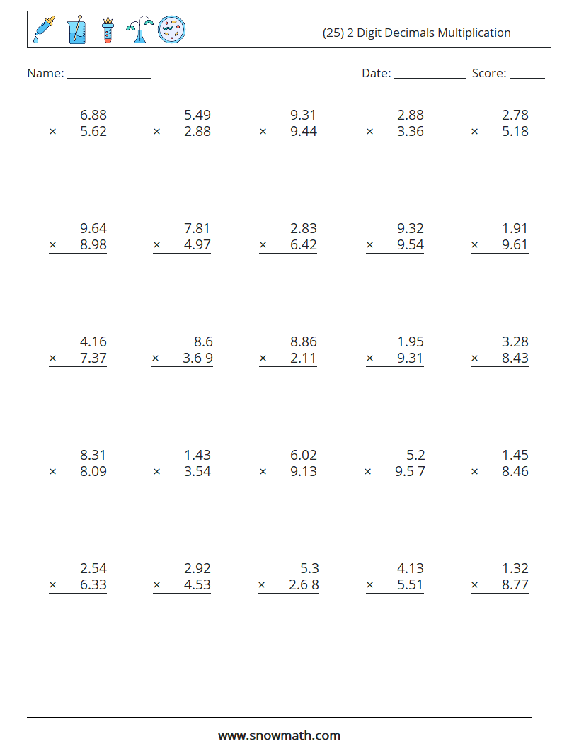 (25) 2 Digit Decimals Multiplication Math Worksheets 14