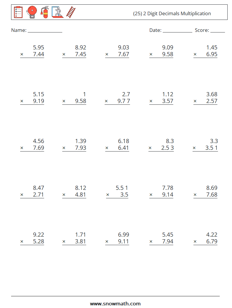 (25) 2 Digit Decimals Multiplication Math Worksheets 15