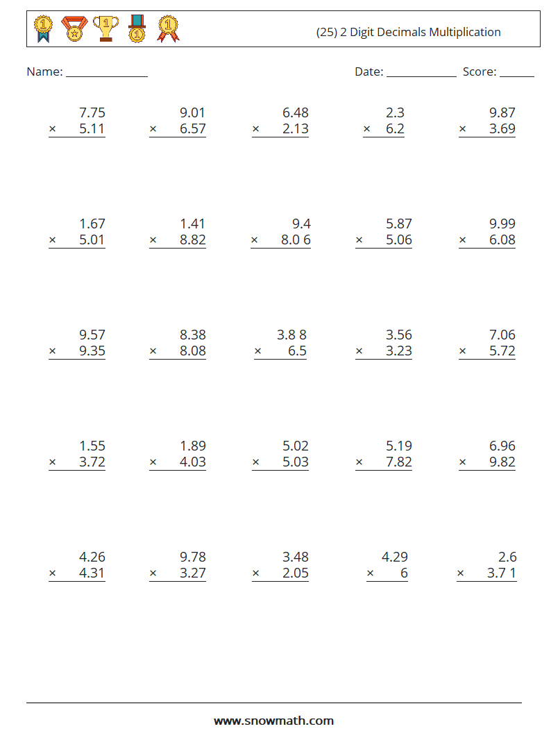 (25) 2 Digit Decimals Multiplication Math Worksheets 16