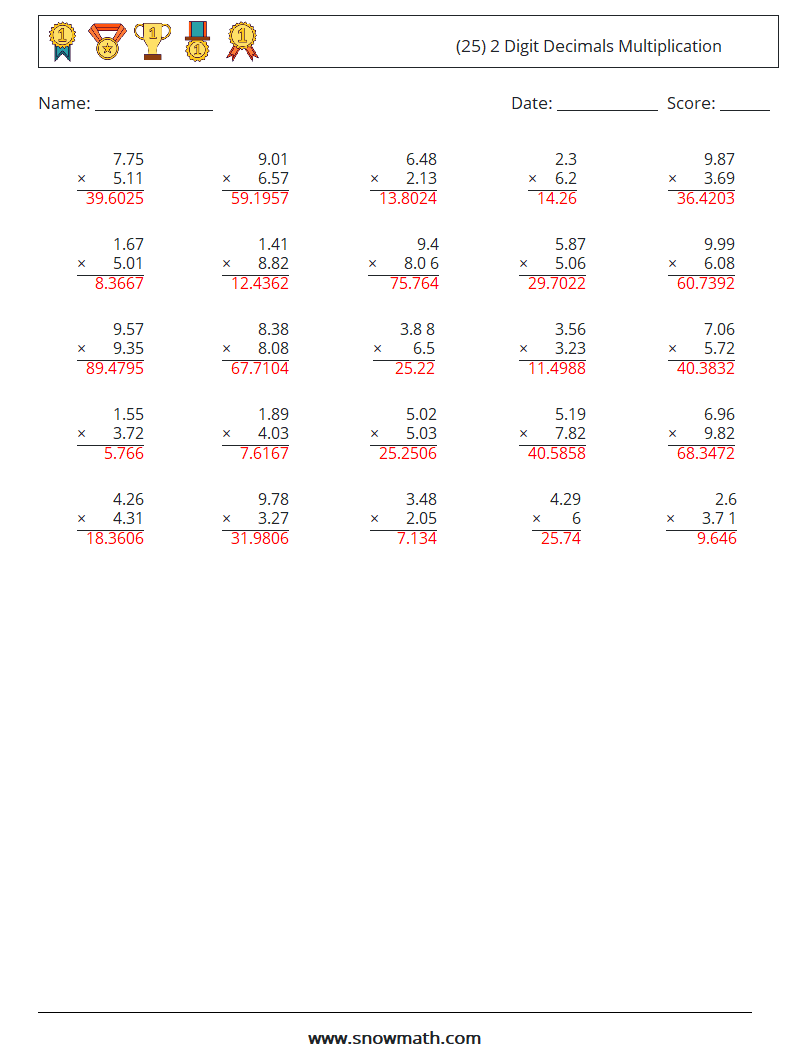 (25) 2 Digit Decimals Multiplication Math Worksheets 16 Question, Answer